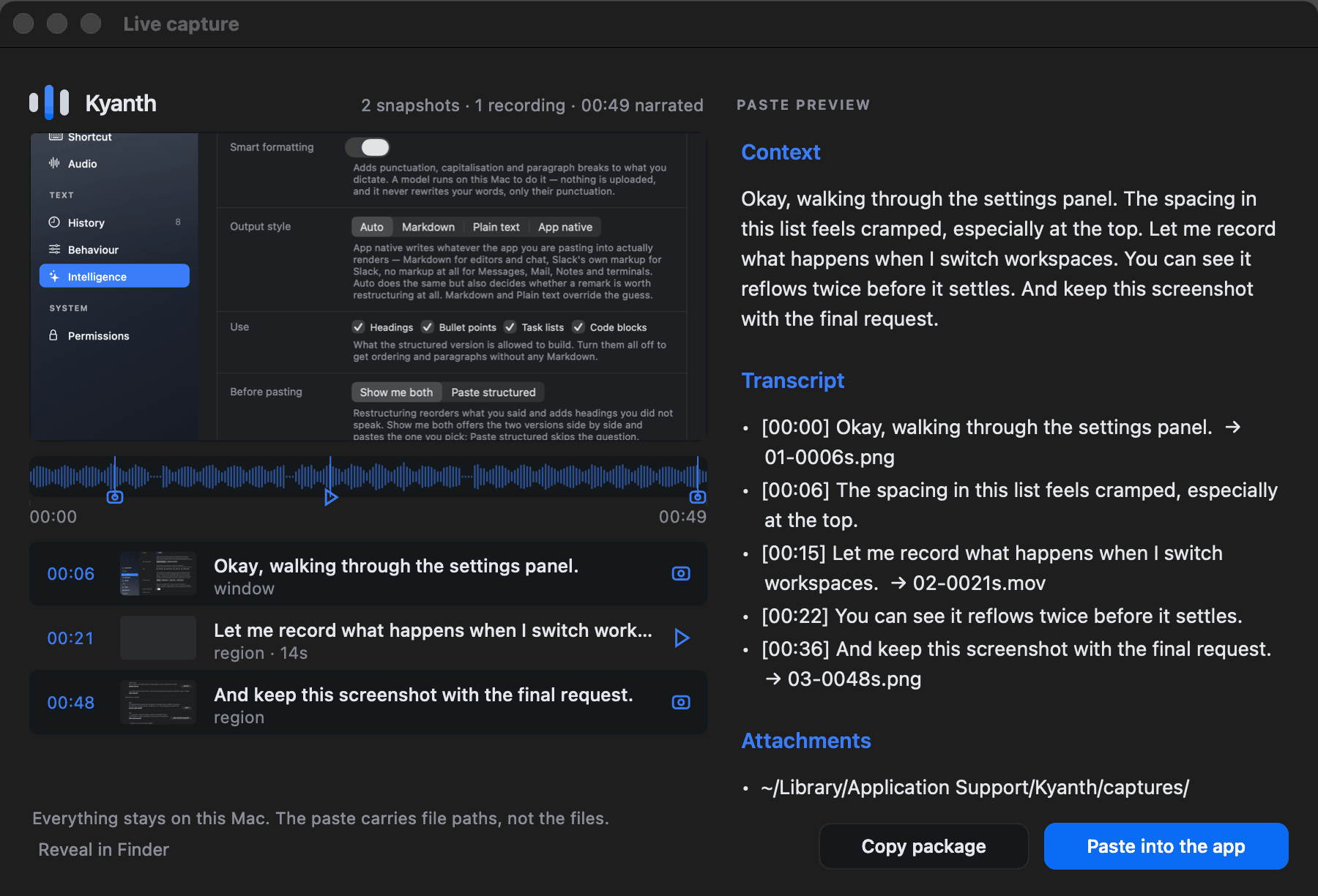 The Kyanth package window: a frame from the recording, a waveform with a mark at each capture and pointer note, a row per capture with its own thumbnail and the sentence being spoken, and the exact text that will be pasted.