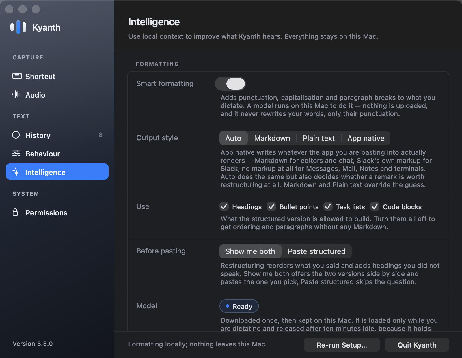 Kyanth Settings, Intelligence pane: smart formatting, output style, the elements it may build, and whether to review before pasting.