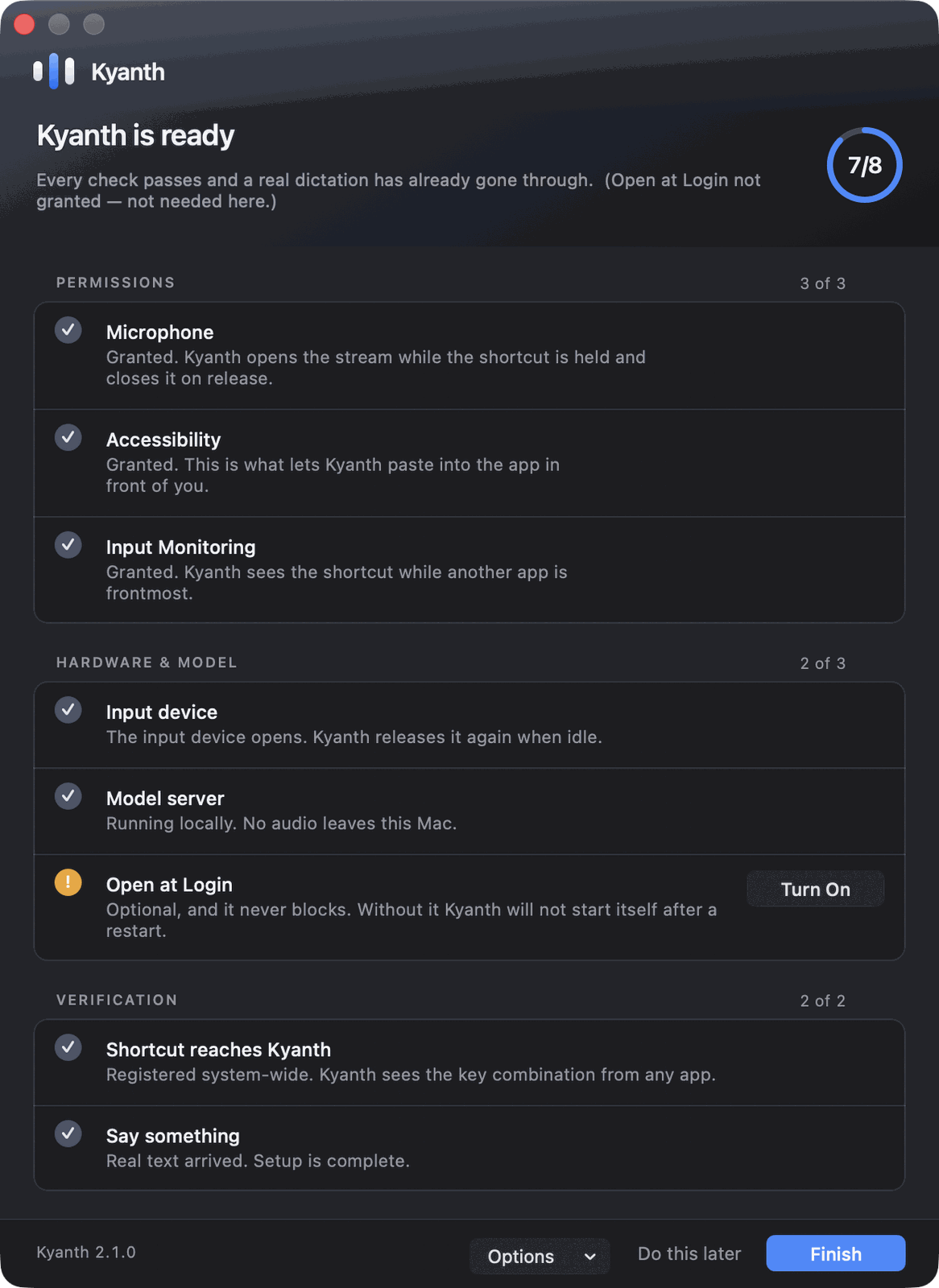 The Kyanth setup window: eight checks grouped under Permissions, Hardware and model, and Verification, with a progress ring.