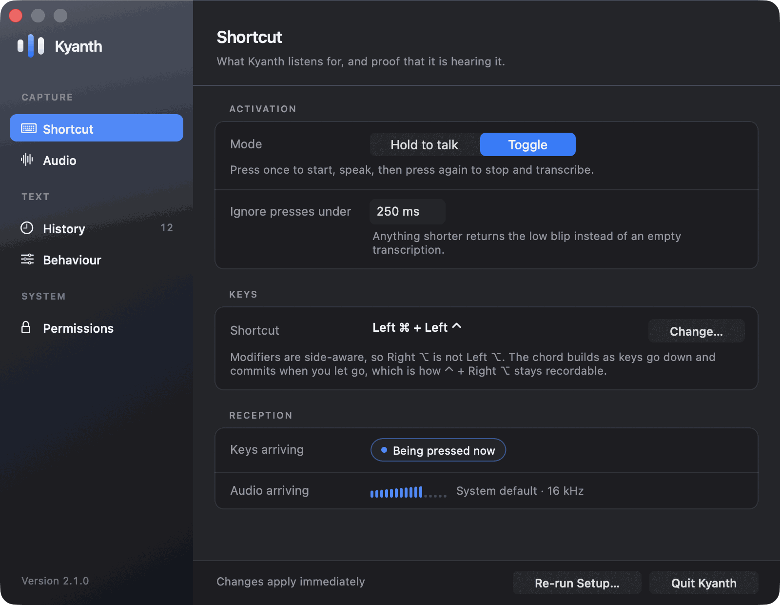 Kyanth Settings, Shortcut pane: activation mode, the bound chord, and live indicators for keys and audio arriving.